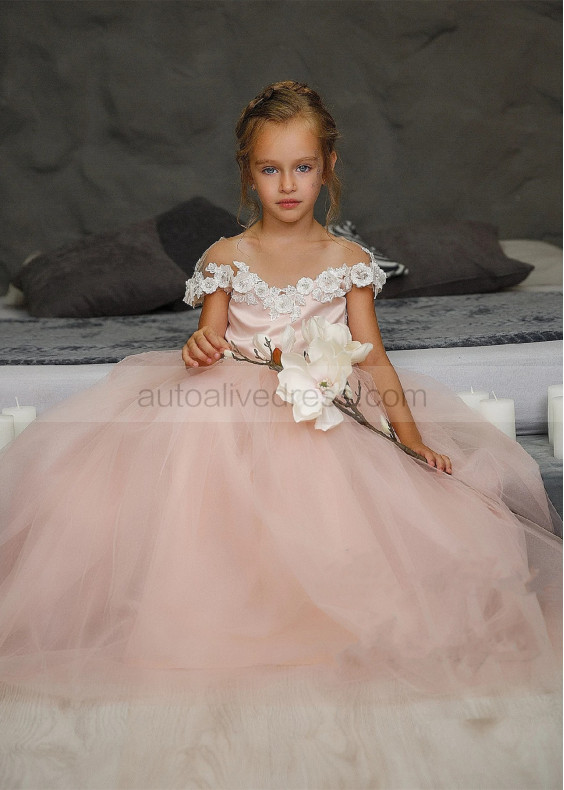 Peach Pearl Beaded 3D Flowers Tulle Flower Girl Dress With Train